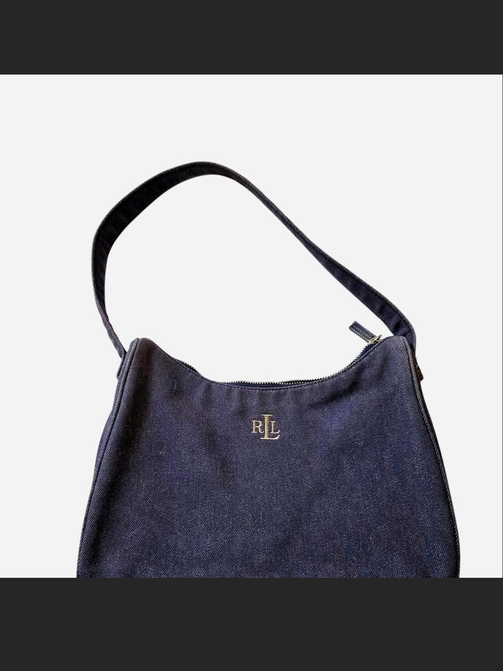 Ralph Lauren Navy Canvas Shoulder Bag with Gold RLL Monogram - Picture 1 of 3